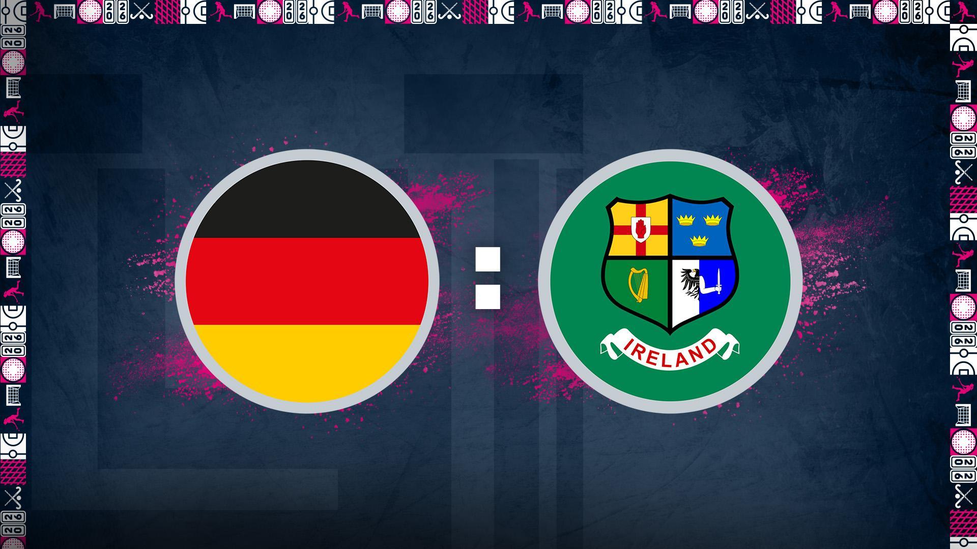 Werbegrafik Hallenhockey-EM mit Logos der Nationalmannschaften Deutschlands und Irlands.